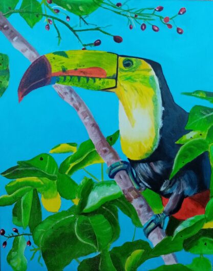 This is an acrylic painting on canvas. This piece is ready to hang.This colorful toucan painting will brighten up your home.